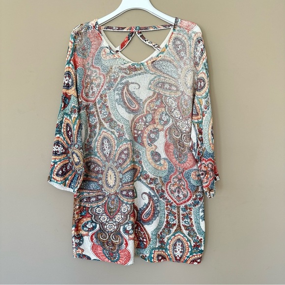 SOLD Chicos XL Paisley Sweater Cross Back Long Tunic Length Colorful 3/4 Sleeve - Picture 2 of 11
